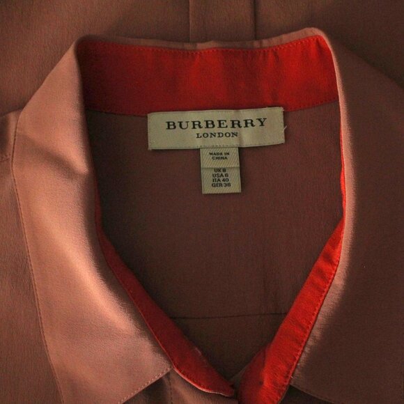 Burberry London Silk Button Front Clay Brown Red Detail Long Sleeve Blouse 6 - Picture 7 of 8